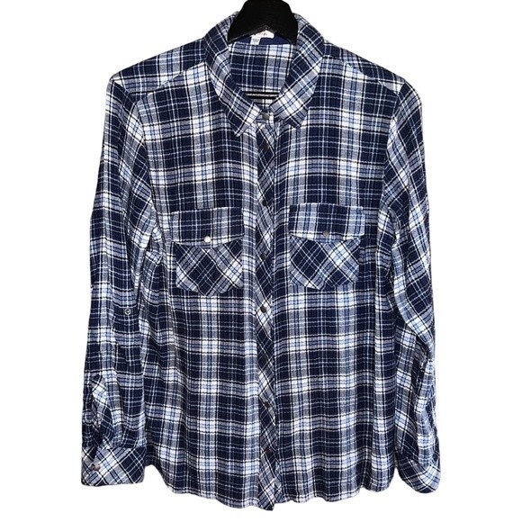 Kut From The Kloth Blue Plaid Snap Front Roll Tab Shirt Top Size L - Picture 1 of 13